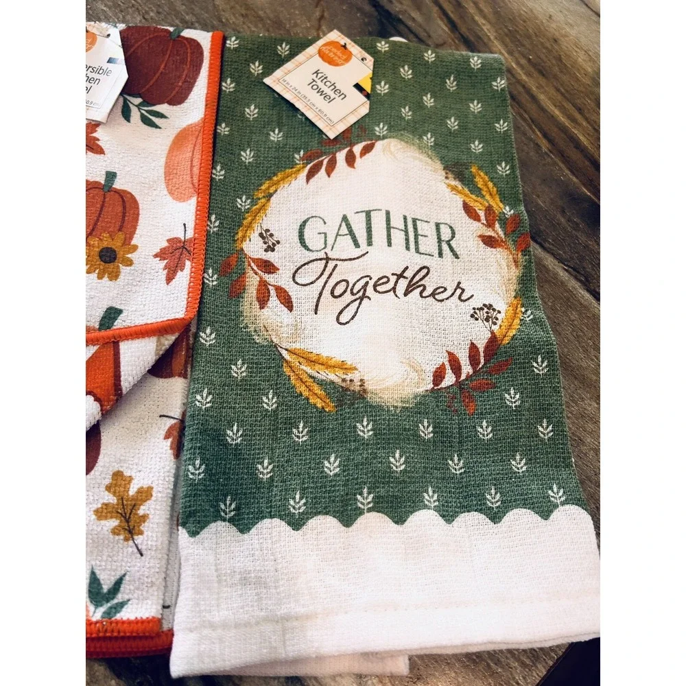 Perfect Harvest Reversible Kitchen Towels Leaves Sunflowers Pumpkin Lot of 5 BxA